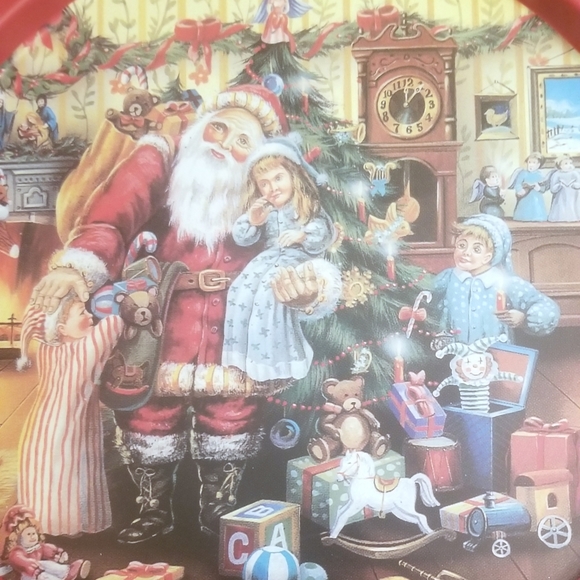 2 13 Inch Tin Christmas Cookie Trays with Santa Claus and Kids, Red - Picture 2 of 7